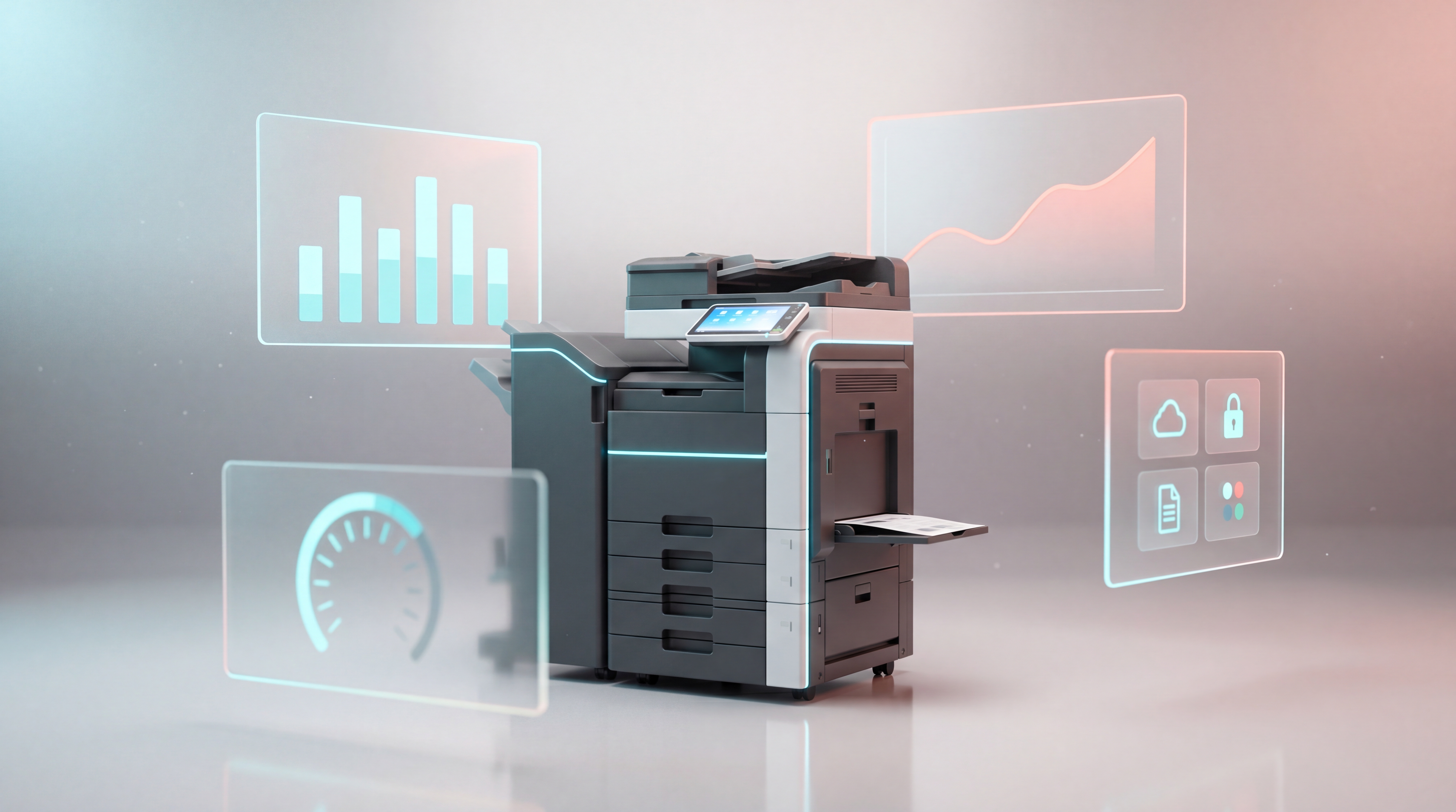 Equipos multifunción Inventory ERP instalados en oficina con monitoreo de uso.